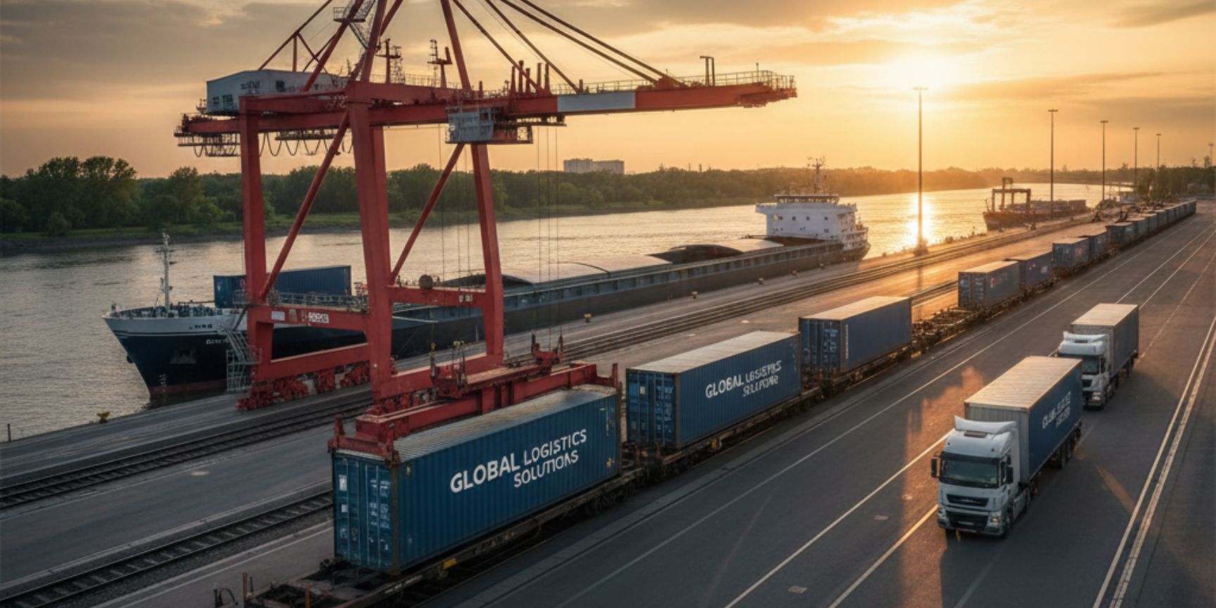 Hafen-Containerterminal bei Sonnenuntergang mit einem roten Kran, der Container zwischen einem Frachtschiff, einem Güterzug und einem LKW umschlägt, symbolisiert intermodalen Verkehr